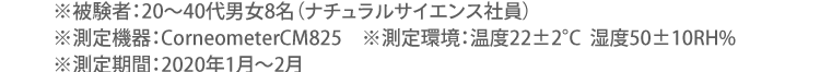 ※被験者:20〜40代男女8名（ナチュラルサイエンス社員） ※測定機器:CorneometerCM825 ※測定環境:温度22±2°C  湿度50±10RH% ※測定期間:2020年1月〜2月