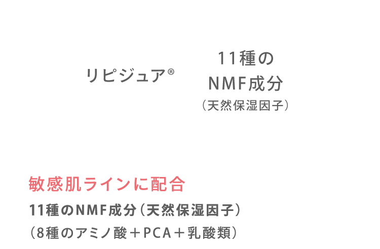 リピジュア 11種のNMF成分（天然保湿因子） 敏感肌ラインに配合 11種のNMF成分（天然保湿因子）（8種のアミノ酸＋PCA＋乳酸類）