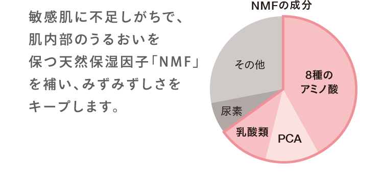 敏感肌に不足しがちで、肌内部のうるおいを保つ天然保湿因子「NMF」を補い、みずみずしさをキープします。