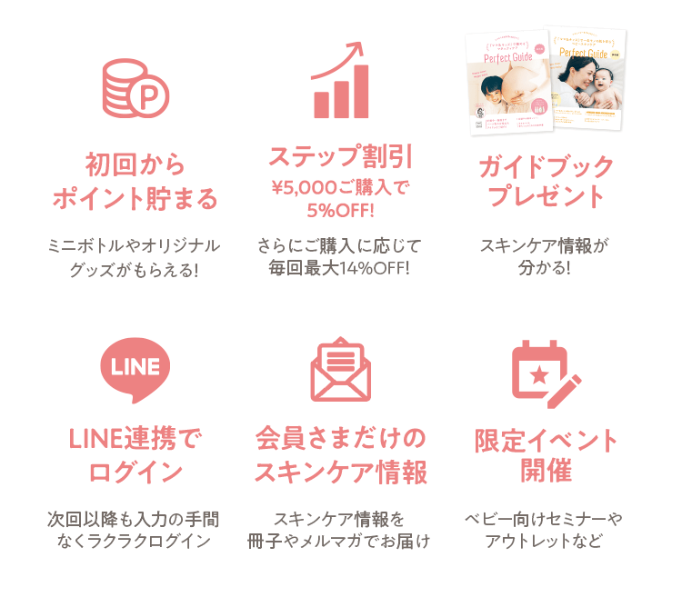 [初回から ポイント貯まる ミニボトルやオリジナル グッズがもらえる！] [ステップ割引￥5,000ご購入で5%OFF! さらにご購入に応じて毎回最大14%OFF！] [ガイドブックプレゼント スキンケア情報が分かる！] [LINE連携でログイン 次回以降も入力の手間なくラクラクログイン] [会員さまだけのスキンケア情報 スキンケア情報を冊子やメルマガでお届け] [限定イベント開催 ベビー向けセミナーやアウトレットなど]