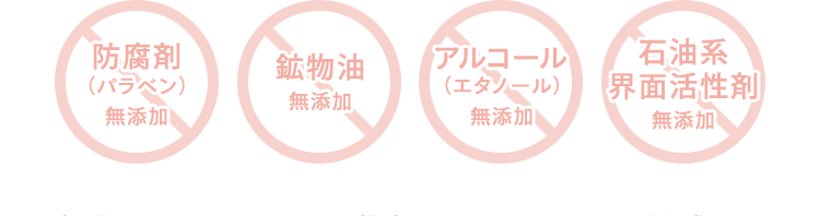 [x 防腐剤（パラベン）無添加] [x 鉱物油 無添加] [x アルコール（エタノール）無添加] [x 石油系 界面活性剤 無添加]