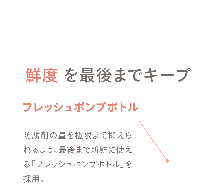 02 鮮度を最後までキープ フレッシュポンプボトル 防腐剤の量を極限まで抑えられるよう、最後まで新鮮に使える「フレッシュポンプボトル」を採用。
