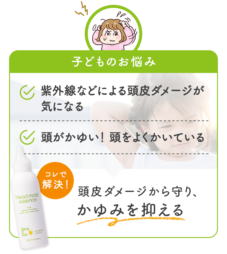 子どものお悩み 紫外線などによる頭皮ダメージが気になる 頭がかゆい！ 頭をよくかいている コレで解決！ 頭皮ダメージから守り、かゆみを抑える