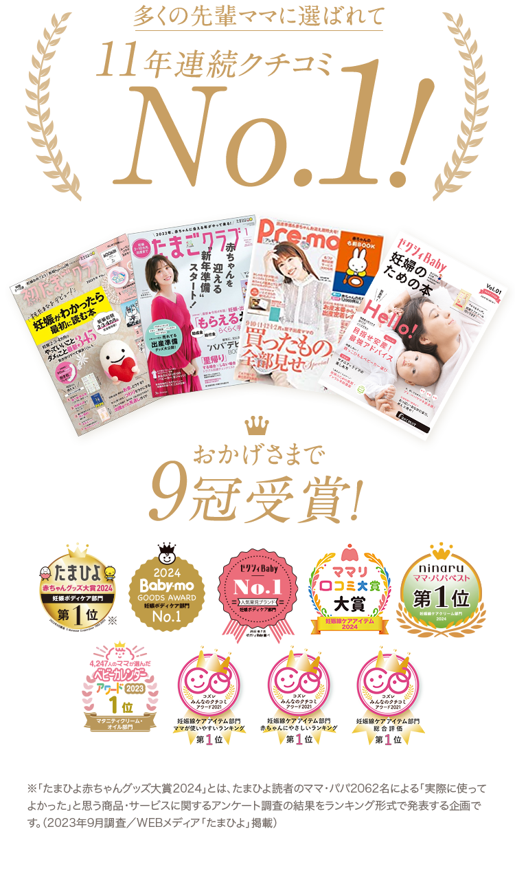おかげさまで9冠受賞! ※「たまひよ赤ちゃんグッズ大賞2024」とは、たまひよ読者のママ・パパ2062名による「実際に使ってよかった」と思う商品・サービスに関するアンケート調査の結果をランキング形式で発表する企画です。（2023年9月調査／WEBメディア「たまひよ」掲載）