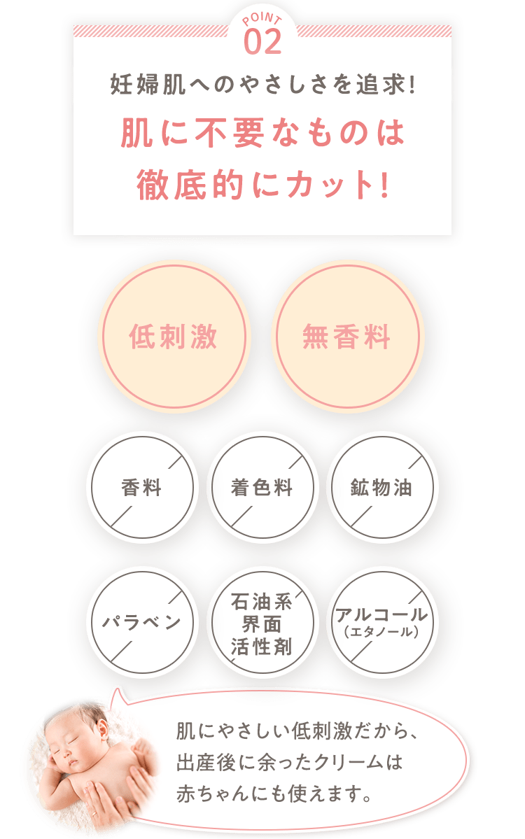 [POINT 02] 妊婦肌へのやさしさを追求！不要なものは徹底的にカット！