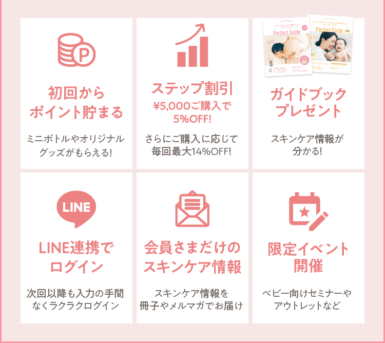 [初回から ポイント貯まる ミニボトルやオリジナル グッズがもらえる！] [ステップ割引￥5,000ご購入で5%OFF! さらにご購入に応じて毎回最大14%OFF！] [ガイドブックプレゼント スキンケア情報が分かる！] [LINE連携でログイン 次回以降も入力の手間なくラクラクログイン] [会員さまだけのスキンケア情報 スキンケア情報を冊子やメルマガでお届け] [限定イベント開催 ベビー向けセミナーやアウトレットなど]