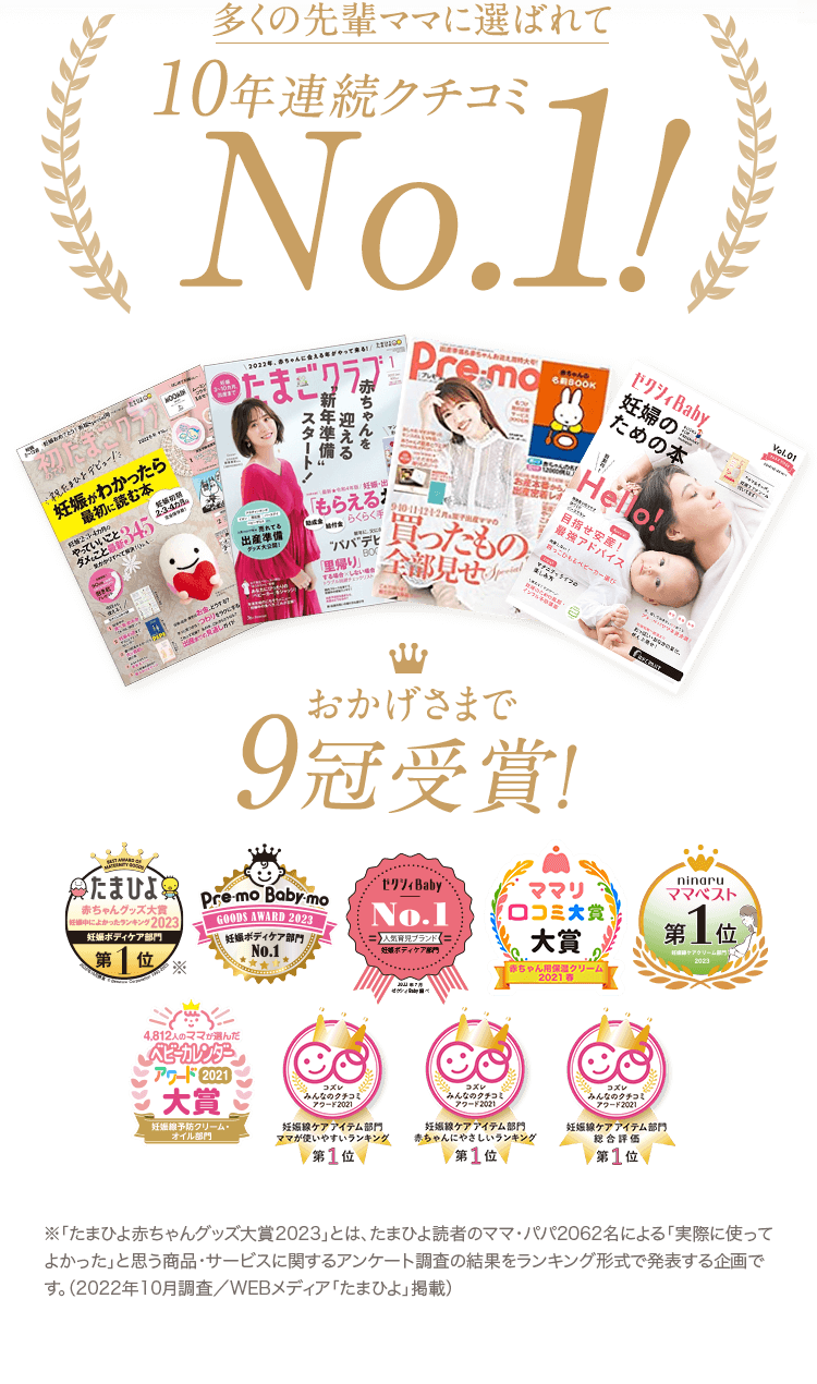 おかげさまで 9冠受賞! ※「たまひよ赤ちゃんグッズ大賞2023」とは、たまひよ読者のママ・パパ2062名による「実際に使ってよかった」と思う商品・サービスに関するアンケート調査の結果をランキング形式で発表する企画です。（2022年10月調査／WEBメディア「たまひよ」掲載）