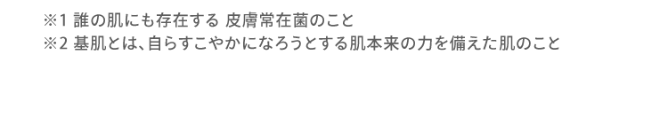 ※1 誰の肌にも存在する 皮膚常在菌のこと ※2 基肌とは、自らすこやかになろうとする肌本来の力を備えた肌のこと