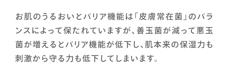 お肌のうるおいとバリア機能は「皮膚常在菌」のバランスによって保たれていますが、善玉菌が減って悪玉菌が増えるとバリア機能が低下し、肌本来の保湿力も刺激から守る力も低下してしまいます。