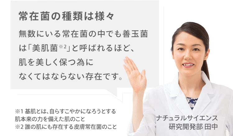 ナチュラルサイエンス 研究開発部 田中「常在菌の種類は様々 無数にいる常在菌の中でも善玉菌は「美肌菌※2」と呼ばれるほど、 肌を美しく保つ為に なくてはならない存在です。」 ※1 基肌とは、自らすこやかになろうとする 肌本来の力を備えた肌のこと ※2 誰の肌にも存在する皮膚常在菌のこと