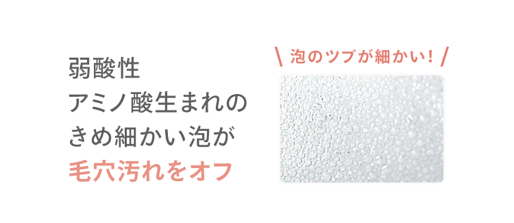 弱酸性 アミノ酸生まれの きめ細かい泡が 毛穴汚れをオフ ＼ 泡のツブが細かい！ /