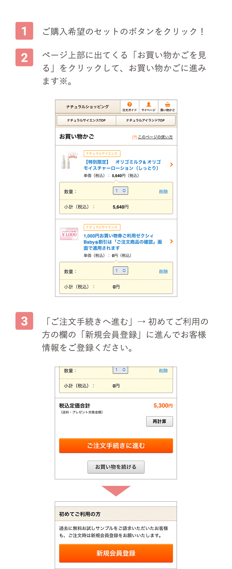 [1] ご購入希望のセットのボタンをクリック！ [2] ページ上部に出てくる「お買い物かごを見る」をクリックして、お買い物かごに進みます※。 [3] 「ご注文手続きへ進む」→ 初めてご利用の方の欄の「新規会員登録」に進んでお客様情報をご登録ください。 
