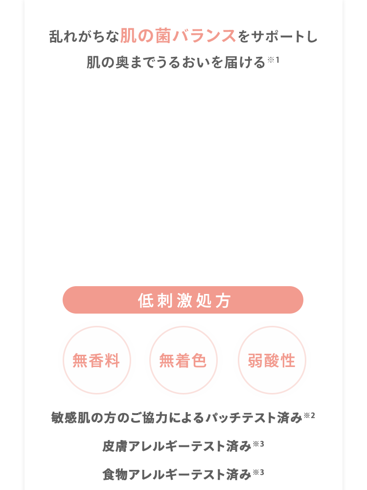 乱れがちな肌の菌バランスをサポートし肌の奥までうるおいを届ける※1 [低刺激処方] 無香料 無着色 弱酸性 敏感肌の方のご協力によるパッチテスト済み※2 皮膚アレルギーテスト済み※3 食物アレルギーテスト済み※3