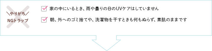 【やりがちNGトラップ】家の中にいるとき、雨や曇りの日のUVケアはしていません・朝、外へのゴミ捨てや、洗濯物を干すときも何もぬらず、素肌のままです