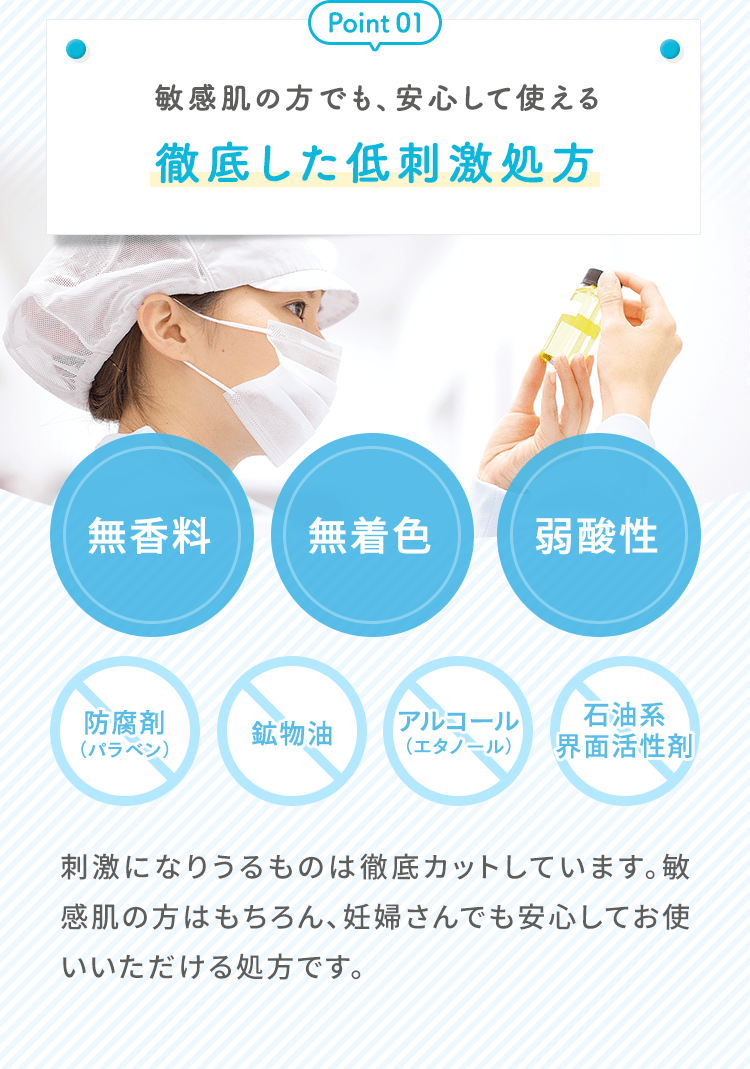 敏感肌の方でも、安心して使える徹底した低刺激処方　刺激になりうるものは徹底カットしています。敏感肌の方はもちろん、妊婦さんでも安心してお使いいただける処方です。