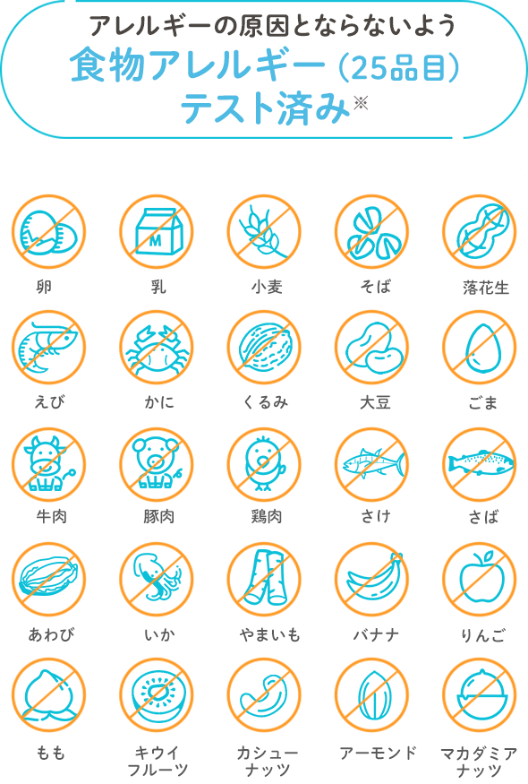 アレルギーの原因とならないよう食物アレルギー(25品目)テスト済み