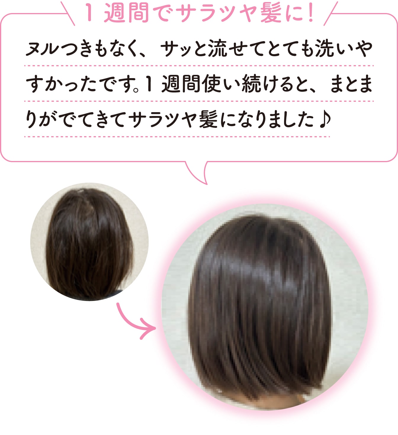 [1週間でサラツヤ髪に]ヌルつきもなく、サッと流せてとても洗いやすかったです。1週間使い続けると、まとまりがでてきてサラツヤ髪になりました♪