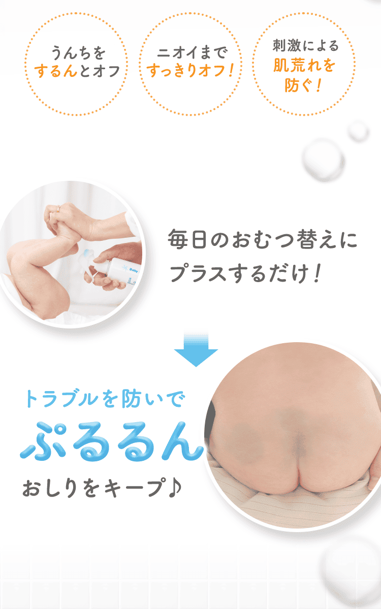 毎日のおむつ替えにプラスするだけで、うんちやニオイをすっきりオフし、刺激による肌荒れを防ぐ！トラブルを防いでぷるるんおしりをキープ