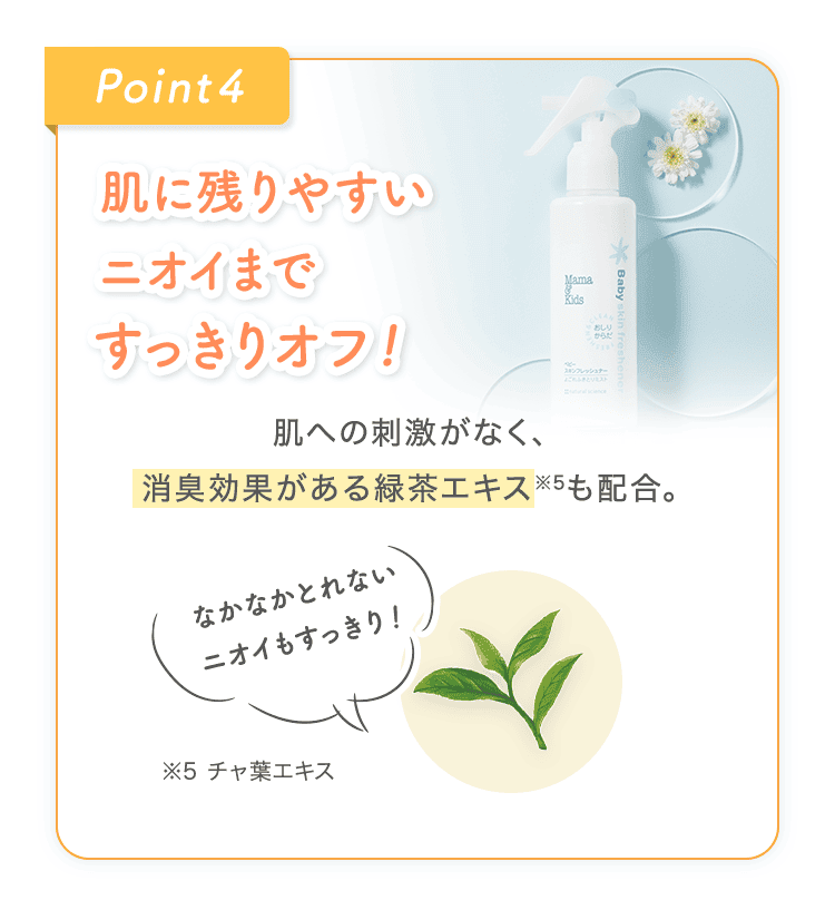 Point 4: 肌に残りやすいニオイまですっきりオフ！消臭効果がある緑茶エキス配合で、なかなかとれないニオイもすっきり。