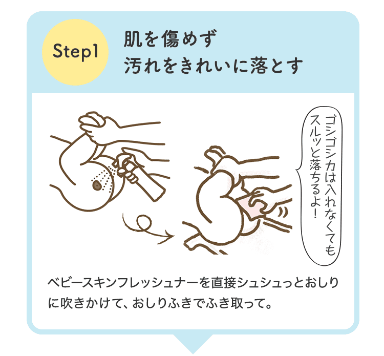 Step1: 肌を傷めず汚れをきれいに落とす。ベビースキンフレッシュナーを直接シュシュっとおしりに吹きかけて、おしりふきでふき取って。