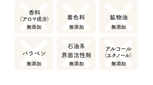 × 香料（アロマ成分）無添加 × 着色料 無添加 × 鉱物油 無添加 × パラベン 無添加 × 石油系界面活性剤 無添加 × アルコール（エタノール）無添加