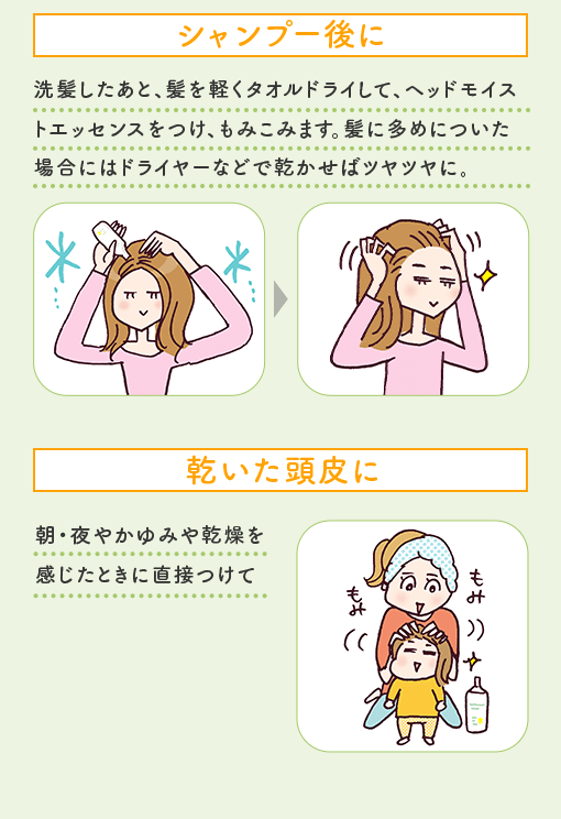 [シャンプー後に]洗髪したあと、髪を軽くタオルドライして、ヘッドモイストエッセンスをつけ、もみこみます。髪に多めについた場合にはドライヤーなどで乾かせばツヤツヤに。 [乾いた頭皮に]朝・夜やかゆみや乾燥を感じたときに直接つけて