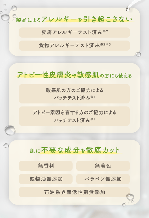 「新生児から使える肌へのやさしさ」「製品によるアレルギーを引き起こさない」「アトピー性皮膚炎や敏感肌の方にも使える」「肌に不要な成分を徹底カット」