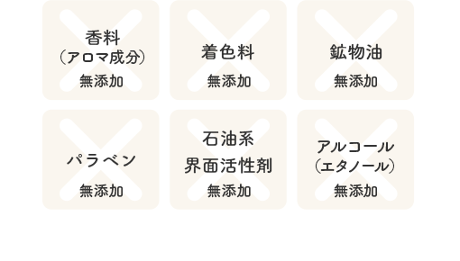 × 香料（アロマ成分）無添加 × 着色料 無添加 × 鉱物油 無添加 × パラベン 無添加 × 石油系界面活性剤 無添加 × アルコール（エタノール）無添加