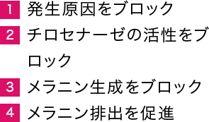 1.発生原因をブロック 2.チロセナーゼの活性をブロック 3.メラニン生成をブロック 4.メラニン排出を促進