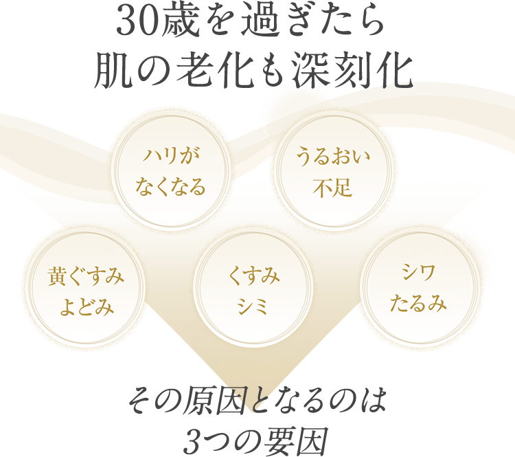 30歳を過ぎたら肌の老化も深刻化　ハリがなくなる　うるおい不足　黄ぐすみよどみ　くすみシミ　シワたるみ　その原因をレドナはこう考えました