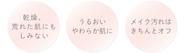 乾燥、荒れた肌にもしみない・うるおいやわらか肌に・メイク汚れはきちんとオフ