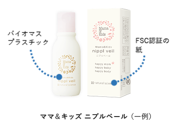 ママ&キッズ ニプルベール（一例）は、バイオマスプラスチック、FSC認証の紙を採用