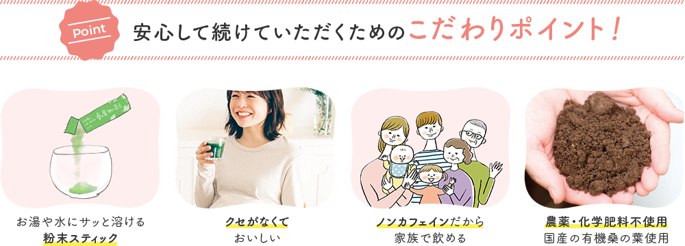 [point 安心して続けていただくためのこだわりポイント！] お湯や水にサッと溶ける粉末スティック クセがなくておいしい ノンカフェインだから家族で飲める 農薬・化学肥料不使用国産の有機桑の葉使用