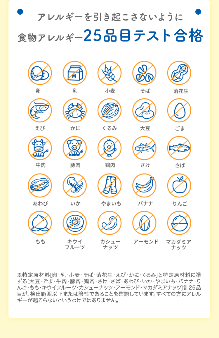 アレルギーを引き起こさないように食物アレルギー25品目テスト合格