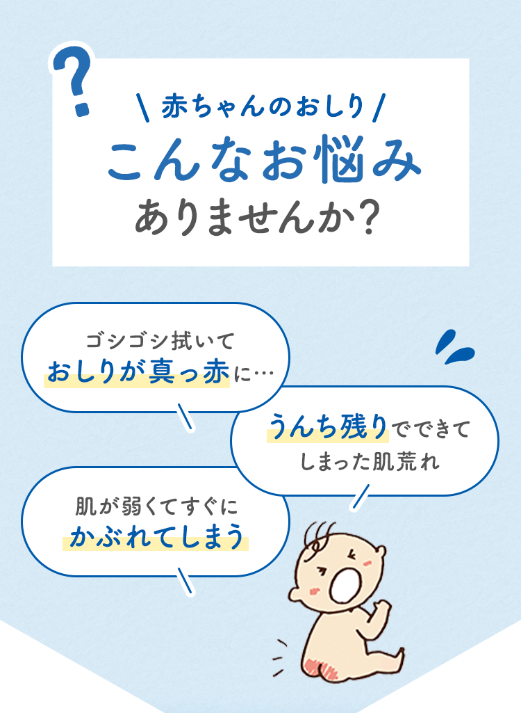 赤ちゃんのおしり こんなお悩みありませんか？ ゴシゴシ拭いておしりが真っ赤に… うんち残りでできてしまった肌荒れ 肌が弱くてすぐにかぶれてしまう