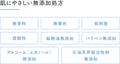 肌にやさしい無添加処方｜無香料・無着色・低刺激・弱酸性・鉱物油無添加・パラベン無添加・アルコール（エタノール）無添加・石油系界面活性剤無添加