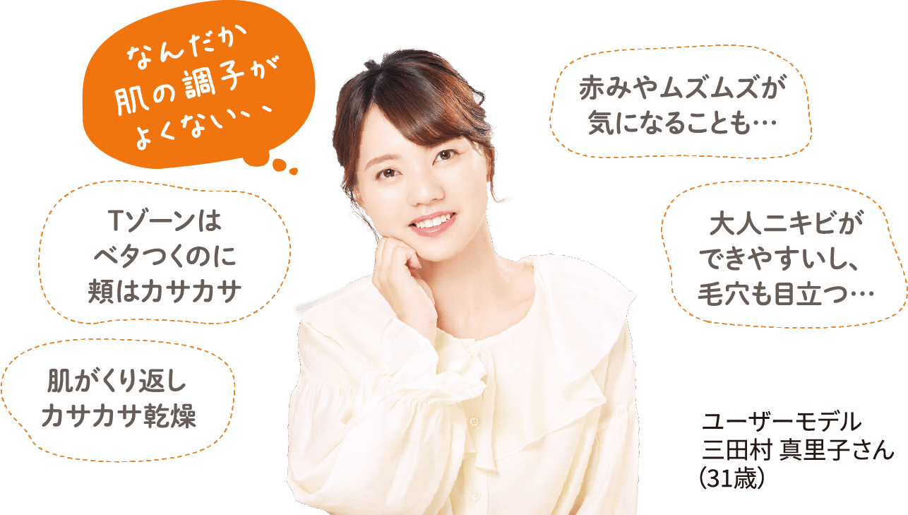 なんだか肌の調子がよくない、、。赤みやムズムズが気になることも…。大人ニキビができやすいし、毛穴も目立つ…。Tソーンがベタつくのに頬はカサカサ。肌がくり返しカサカサ乾燥