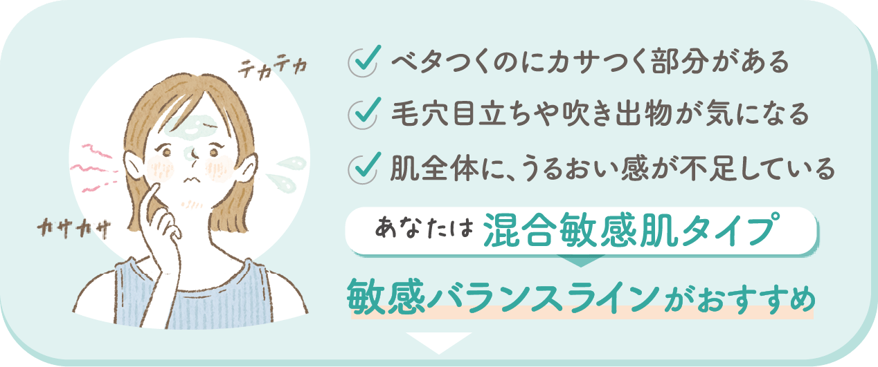 ベタつくのにカサつく部分がある、毛穴目立ちや吹き出物が気になる、肌全体に、うるおい感が不足している。あなたは混合敏感肌タイプ。敏感バランスラインがおすすめ