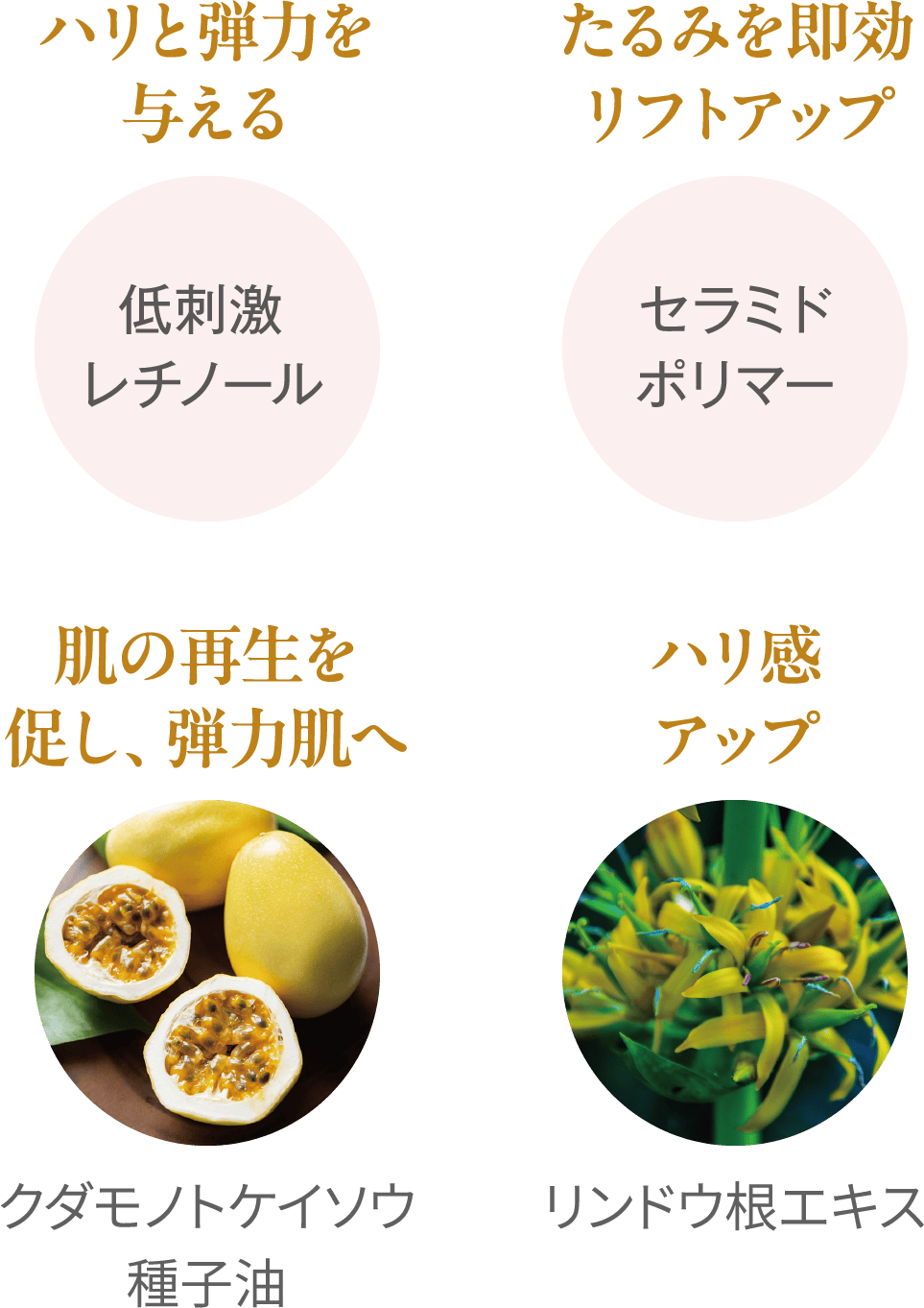 ハリと弾力を与える：低刺激レチノール / たるみを即効フトアップ：セラミドポリマー / 肌の再生を促し、弾力肌へ：クダモノトケイソウ種子油 /ハリ感アップ：リンドウ根エキス