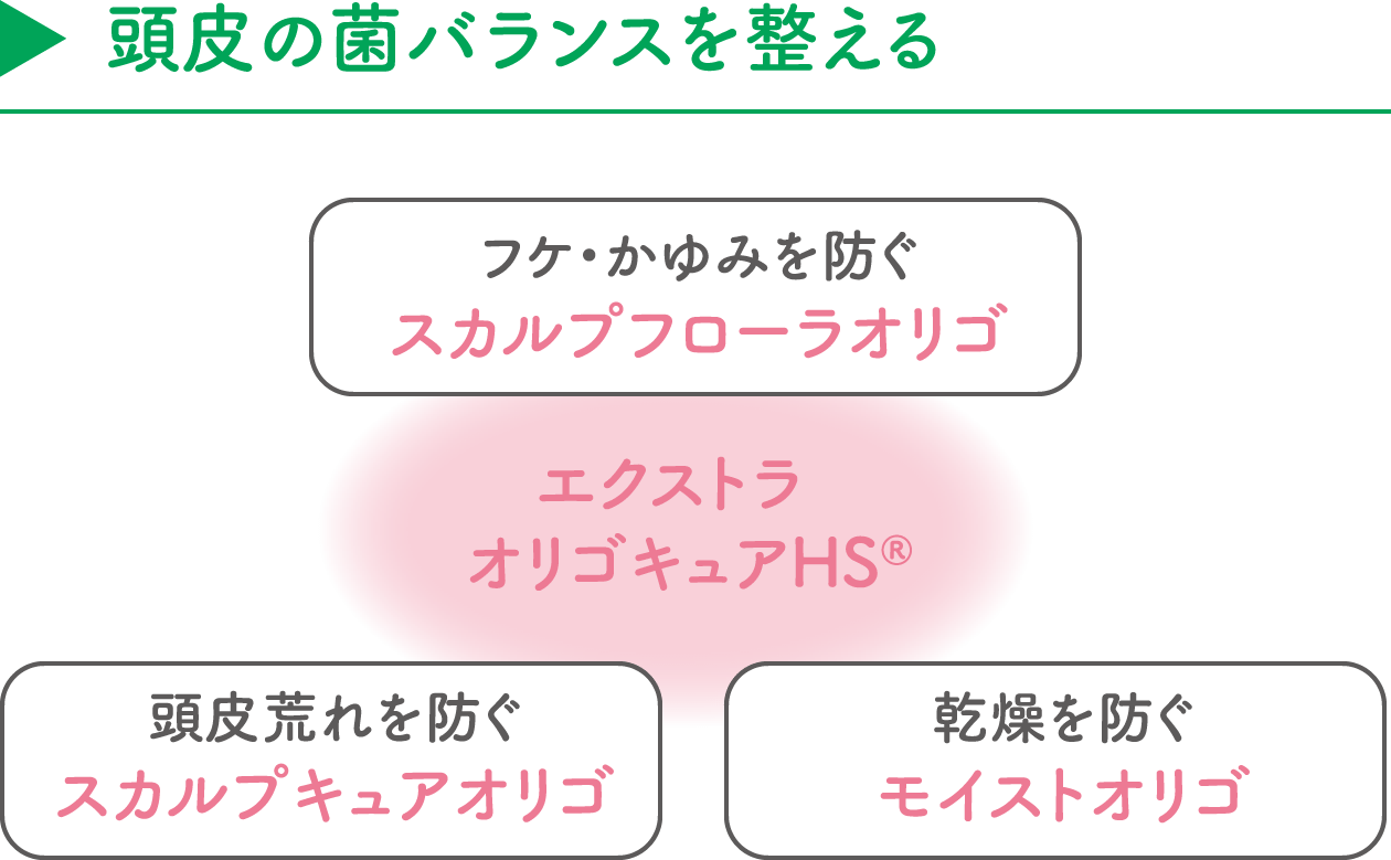 【頭皮の菌バランスを整える】エクストラオリゴキュアHS®(フケ・かゆみを防ぐ「スカルプフローラオリゴ」/頭皮荒れを防ぐ「スカルプキュアオリゴ」/乾燥を防ぐ「モイストオリゴ」)