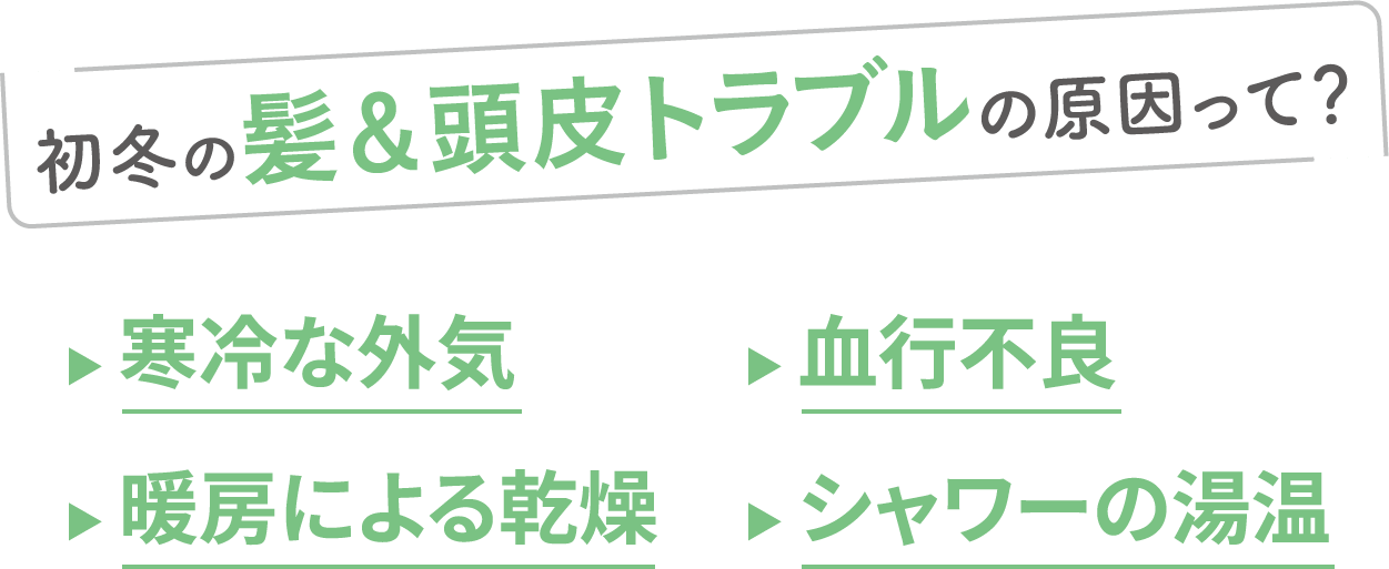 初冬の髪＆頭皮トラブルの原因って？ → 寒冷な外気／血行不良／暖房による乾燥／シャワーの湯温