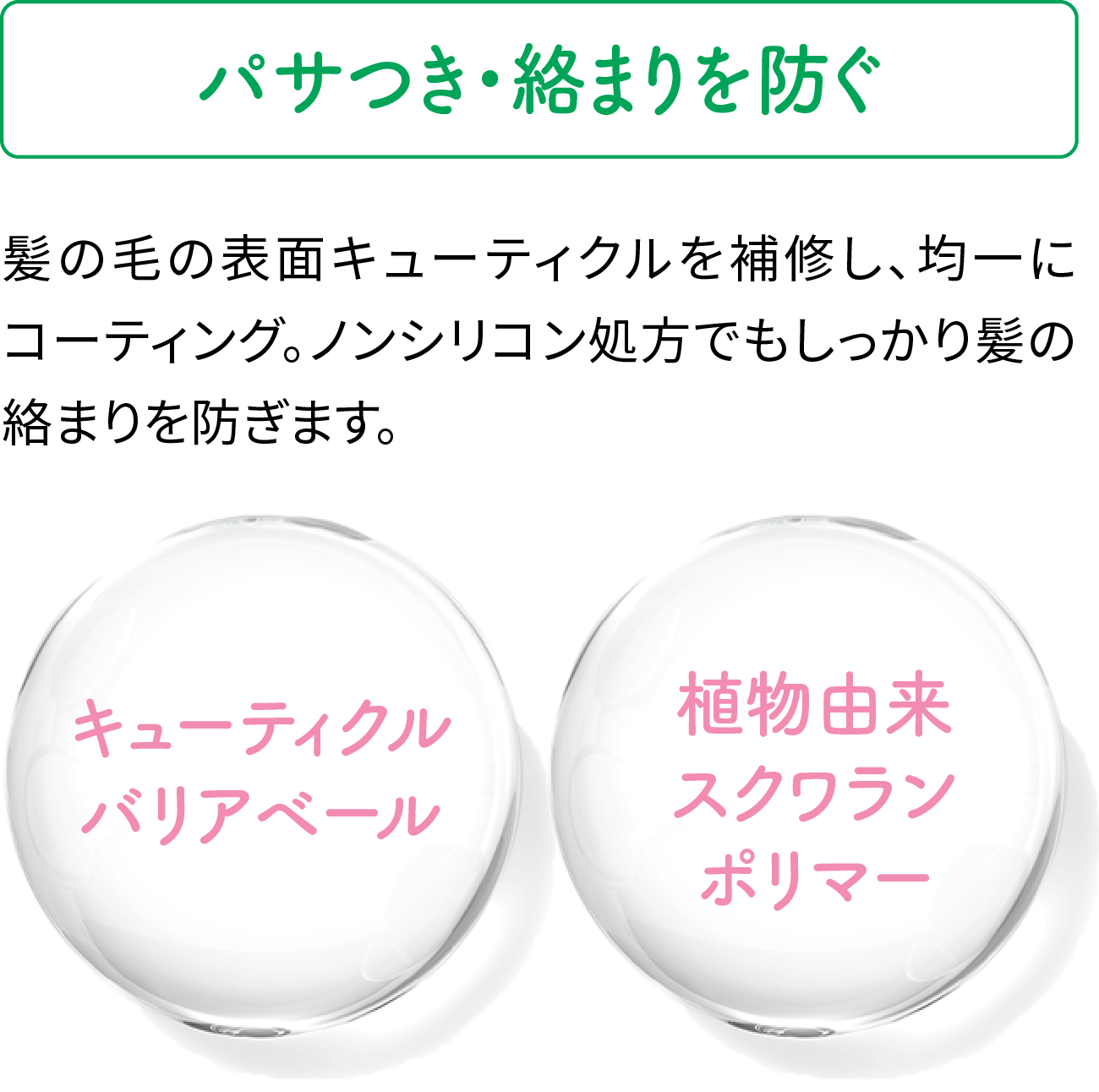 【パサつき・絡まりを防ぐ】髪の毛の表面キューティクルを補修し、均一にコーティング。ノンシリコン処方でもしっかり髪の絡まりを防ぎます。（キューティクルバリアベール／植物由来スクワランポリマー）