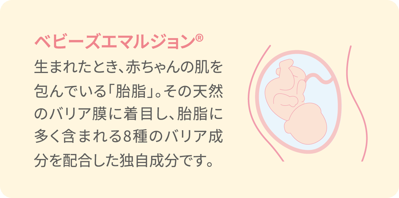 【ベビーズエマルジョン®】生まれたとき、赤ちゃんの肌を包んでいる「胎脂」。その天然のバリア膜に着目し、胎脂に多く含まれる8種のバリア成分を配合した独自成分です。