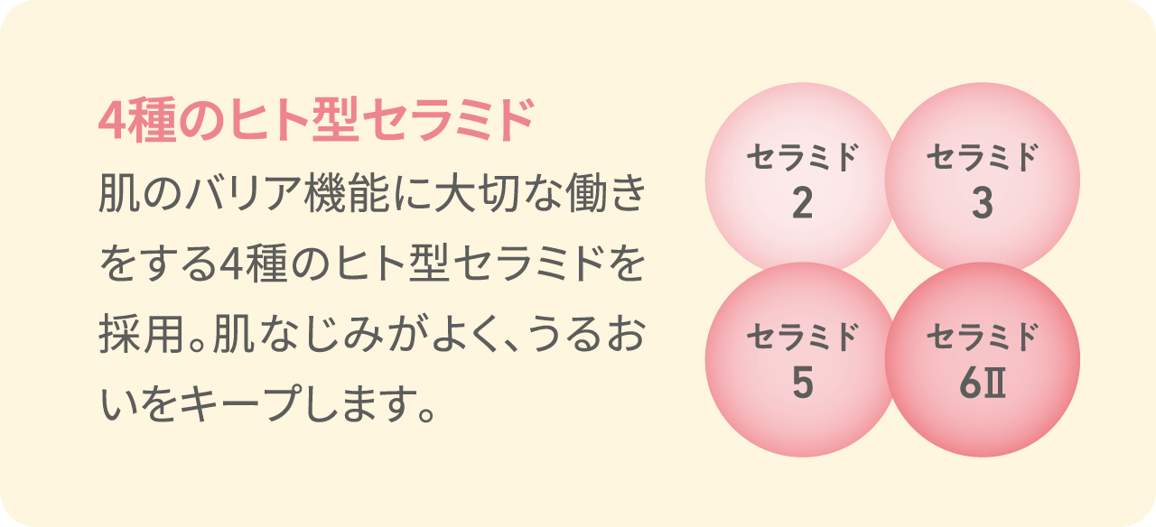 【4種のヒト型セラミド】肌のバリア機能に大切な働きをする4種のヒト型セラミドを採用。肌なじみがよく、うるおいをキープします。
