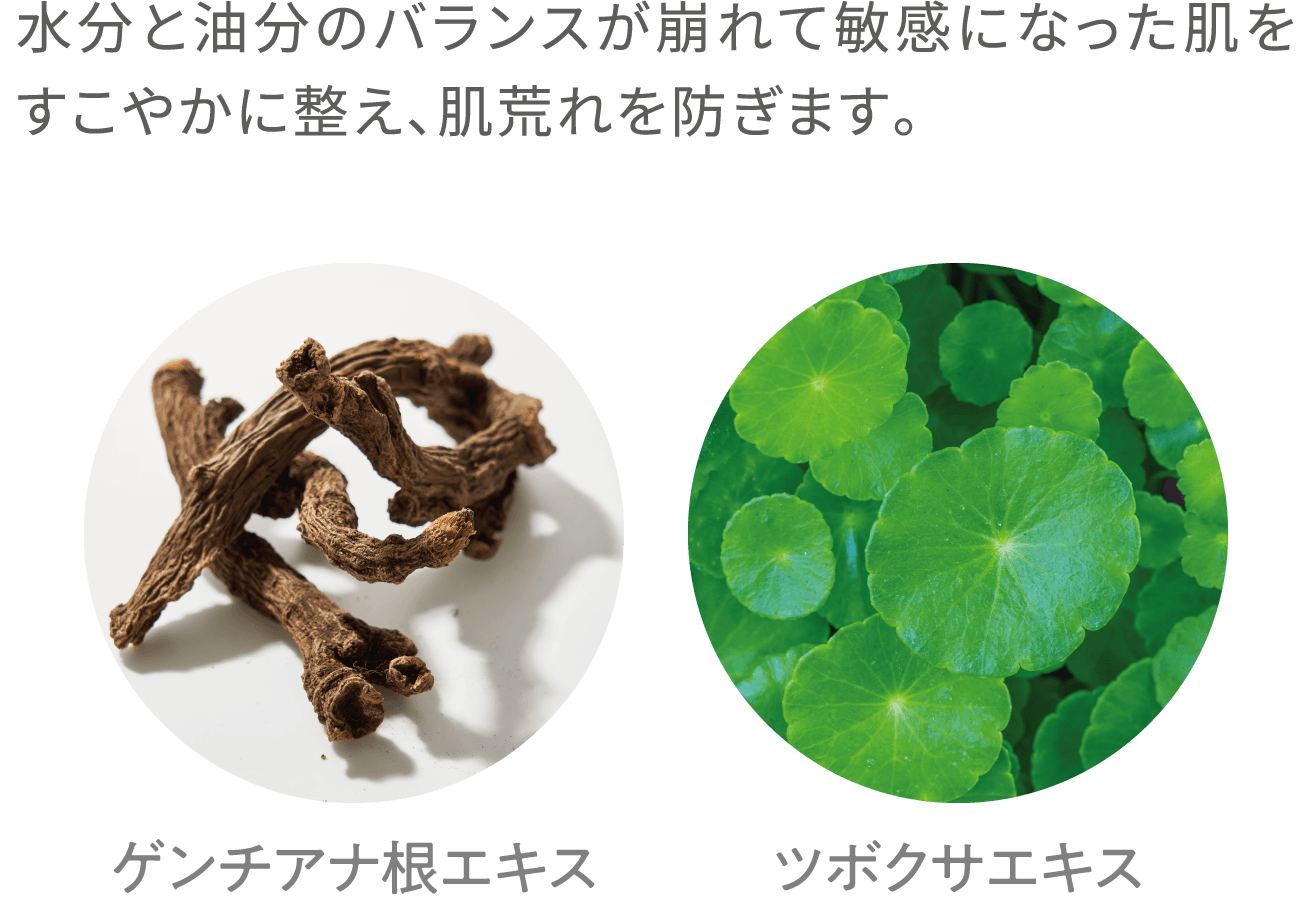 水分と油分のバランスが崩れて敏感になった肌をすこやかに整え、肌荒れを防ぎます。