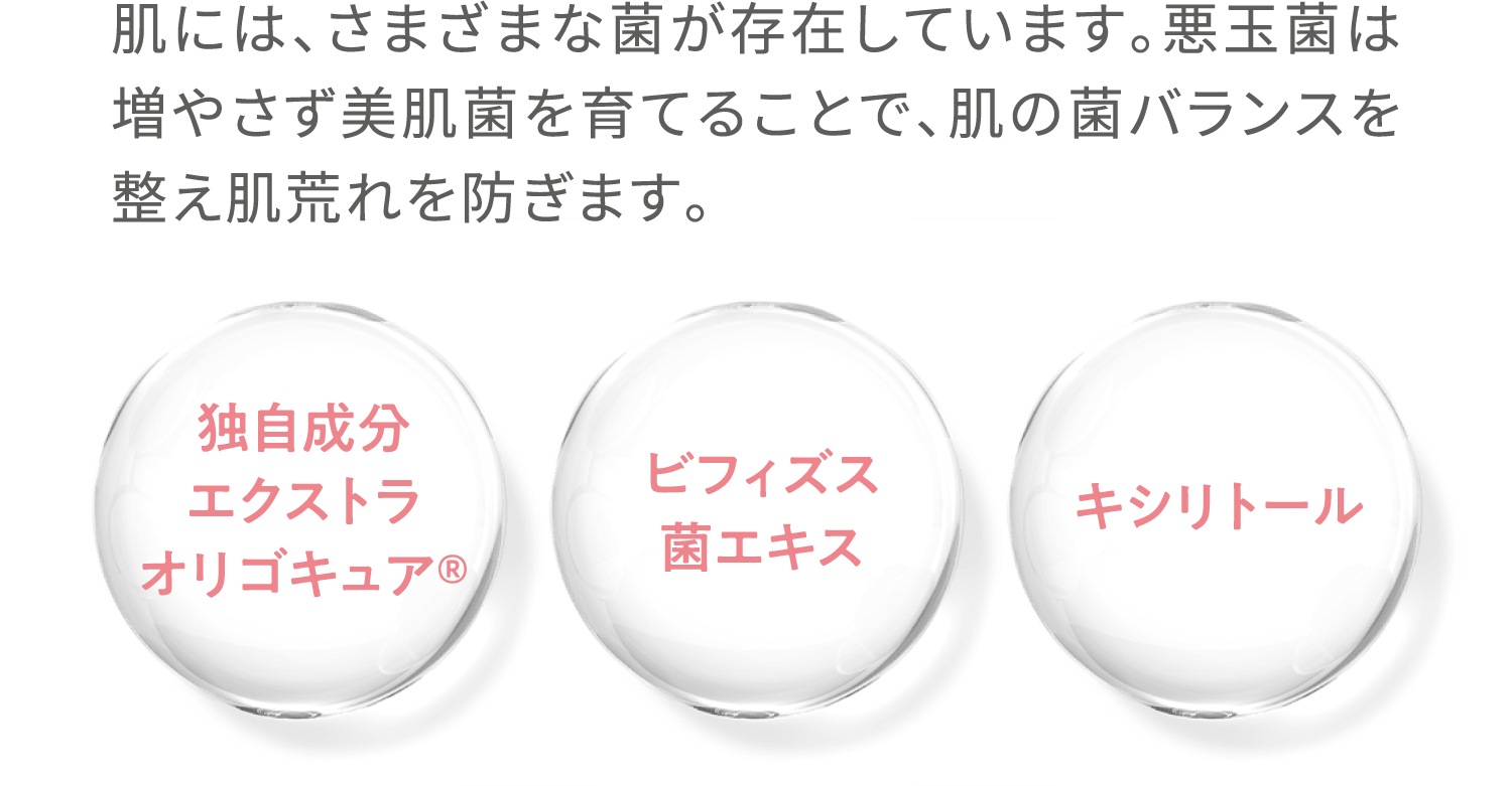 肌には、さまざまな菌が存在しています。悪玉菌は増やさず美肌菌を育てることで、肌の菌バランスを整え肌荒れを防ぎます。