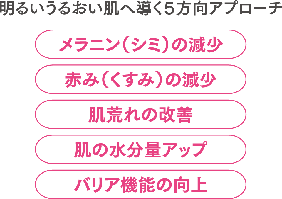 明るいうるおい肌へ導く5方向アプローチ：メラニン(シミ)の減少 / 赤み(くすみ)の減少 / 肌荒れの改善 / 肌の水分量アップ / バリア機能の向上