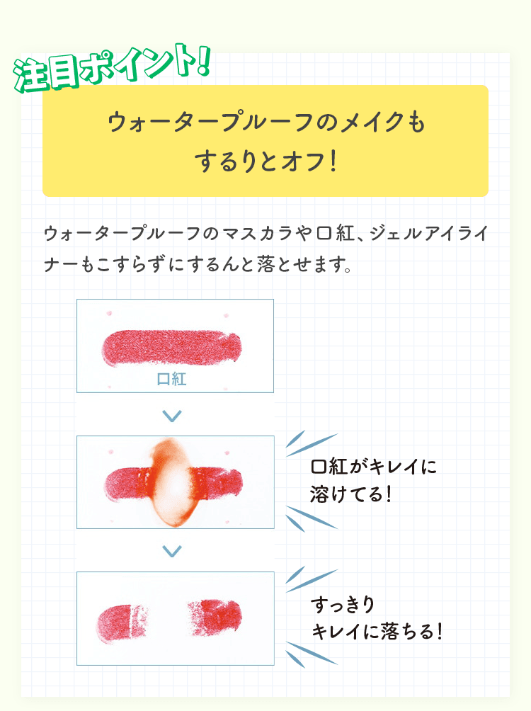 ウォータープルーフのメイクもするりとオフ！