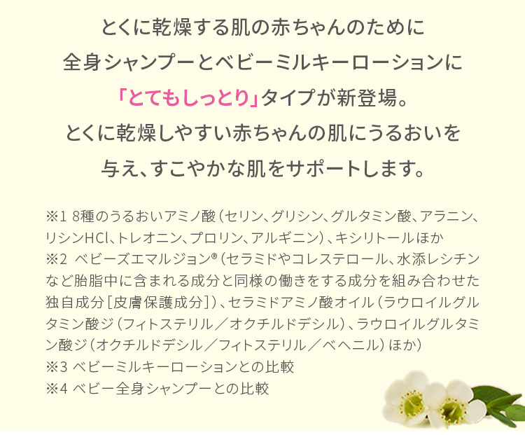 とくに乾燥する肌の赤ちゃんのために全身シャンプーとベビーミルキーローションに「とてもしっとり」タイプが新登場。とくに乾燥しやすい赤ちゃんの肌にうるおいを与え、すこやかな肌をサポートします。