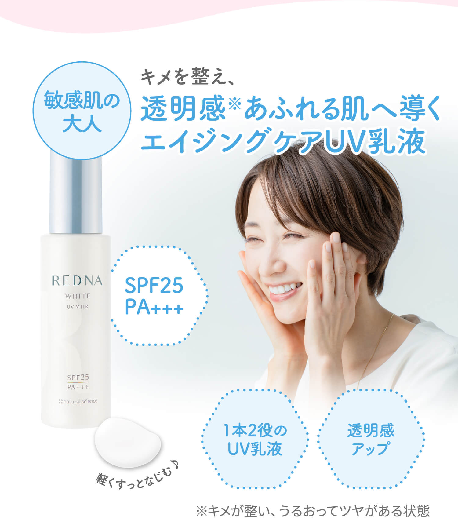 【敏感肌の大人】キメを整え、透明感※あふれる肌へ導くエイジングケアUV乳液「レドナ ホワイトUVミルク（SPF25PA+++）」1本2役のUV乳液／透明感アップ ※キメが整い、うるおってツヤがある状態